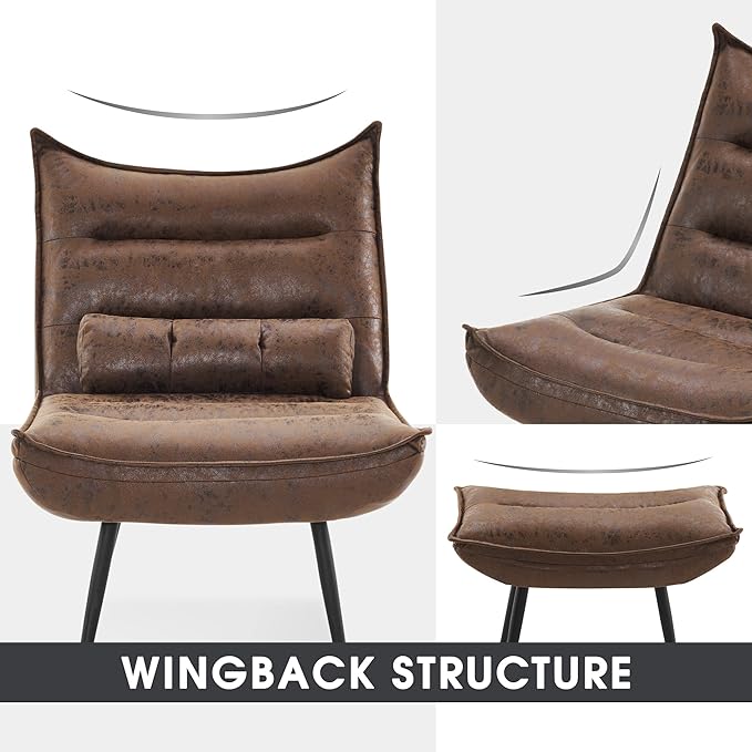 MCombo Wingback Accent Chair with Ottoman Modern Bronzing Fabric Upholstered Club Chair for Small Space Living Room 4400 (Dark Brown)