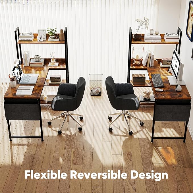 DUMOS L Shaped Desk Corner Computer Table 47 Inch L-Shaped Gaming Desks with Storage Shelf Reversible Wood Tables with Side Bag Adjustable Feet for 2 Monitors Small Space Home Office Bedroom Brown