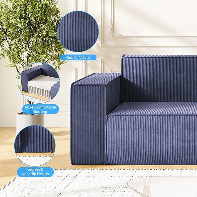 PUREMIND 3 Seater Sofa in a Box 76 Modern Corduroy Sofa Couch with Widen Armrest No Installation Comfy Deep Seat Couches for Living Room Apartment Blue