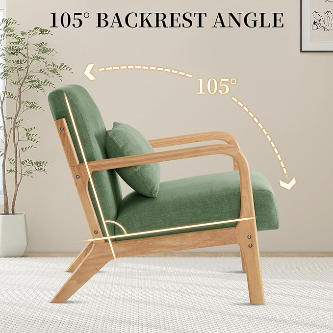 Accent Chair with Pillow Upholstered Mid Century Chair Living Room Chair Comfy Reading Chair with Thick Cushion Solid Wood Frame Armchair for Small Space Bedroom Balcony Green Set of 2