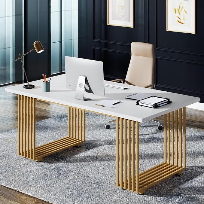 70.9-Inch Modern Office Desk White Wooden Executive Computer Table with Gold Metal Legs Large Home Office Workstation for Study or Small Conference Room