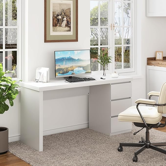 Desk with Drawers White Computer Desk with 3 Drawer Small Space Writing Desk with Drawers for Home Office Modern Simple Design 53.3 Inch