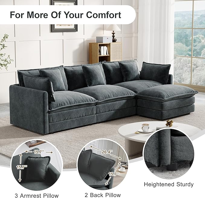 Modular Sectional Sofa 111.5 Inch L-Shaped Cloud Sofa with Deep Seat Chenille Sofa with Cushions Three-Self Sectional Sofa for Living Room ApartmentGray