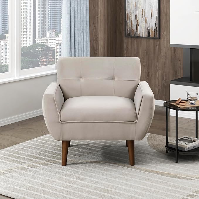 Lexicon Mid Century Modern Accent Chair with Dark Brown Solid Wood Leg Velvet Upholstered Living Room Chair Lounge Arm Chair Tufted Detail Single Sofa Chair Comfortable Reading Chair Brown