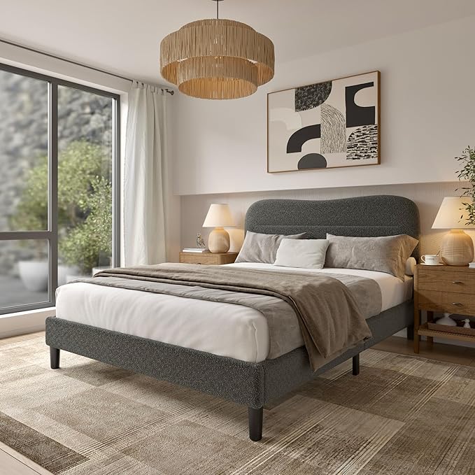 Queen Size Bed Frame with Headboard Upholstered Bed Frame Queen Size Teddy Soft Boucle Fabric Soft Cloud Marshmallow Shape Upholstered Headboard No Box Spring Needed Noise Free (Grey)