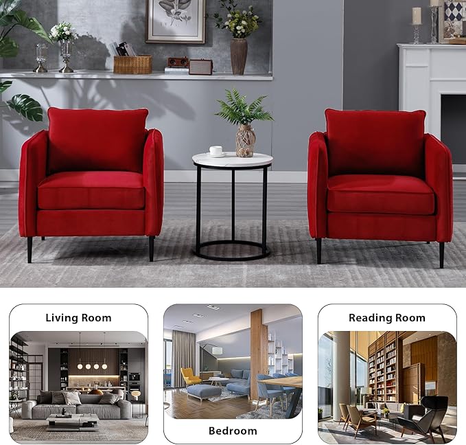 Modern Velvet Accent Chair Sets of 2 Upholstered Single Sofa Chairs Armchair with Square Arm Accent Chairs for Living Room Bedroom Apartment (Velvet Burgundy Chairs * 2)