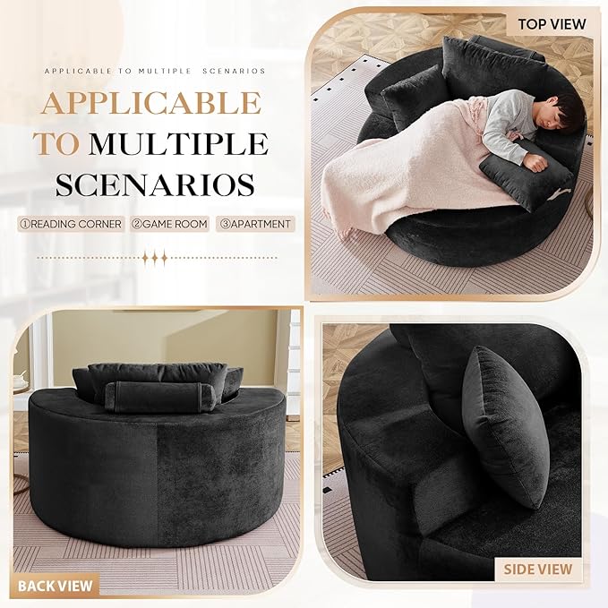 Modern Round Accent Sofa Chair for Living Room Upholstered Soft Terrycloth Barrel Lounge Arm Chair with Large seat&ampThrow Pillows for Bedroom Office Apartment Black