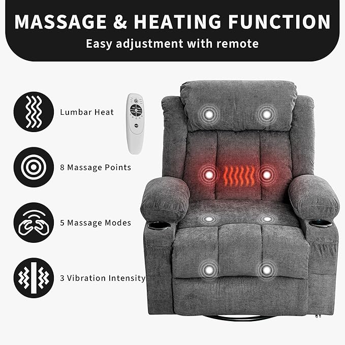GarveeHome Rocker Swivel Recliner Chair with Heat Massage Large Wide Rocking Lazy Boy Single Sofa Seat with 3 Positions 2 Side Pockets Cup Holders USB Ports Remote Control (Gary)