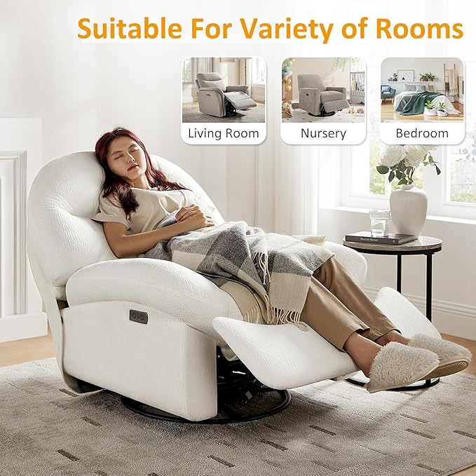 VANOMi Power Recliner Chair with USB &amp Type-C Charging 270° Swivel Glider Rocker Electric Nursery Recliner for Living Room Bedroom and Office White