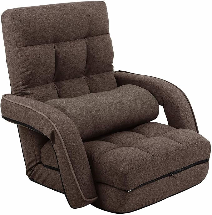 FLOGUOR 42-Position Adjustable Floor Chair Chaise Lounge Indoor Folding Lazy Sofa with Armrests and a Pillow Padded Adults Gaming Chairs for Living Room Bedroom Factory Price 8803XM (Brown)