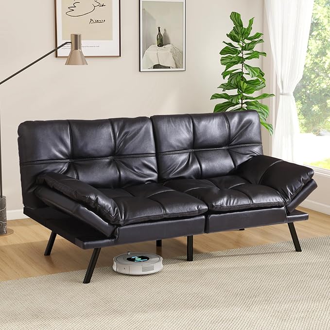 Opoiar 71-Inch Futon Sofa Bed Convertible Guest Bed &amp Loveseat | Cozy Faux Leather with Adjustable Positions for Welcoming Living Rooms - Black