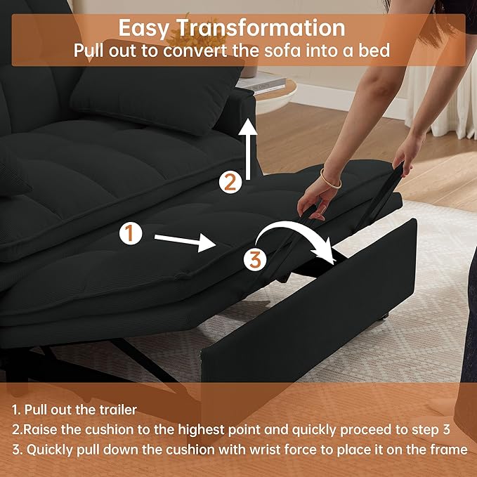 Futon Sofa Bed3 in 1 Convertible Sleeper Sofa with Pull Out BedSmall Loveseat with Adjustable BackrestLinen Futon Couches for Living RoomBlack