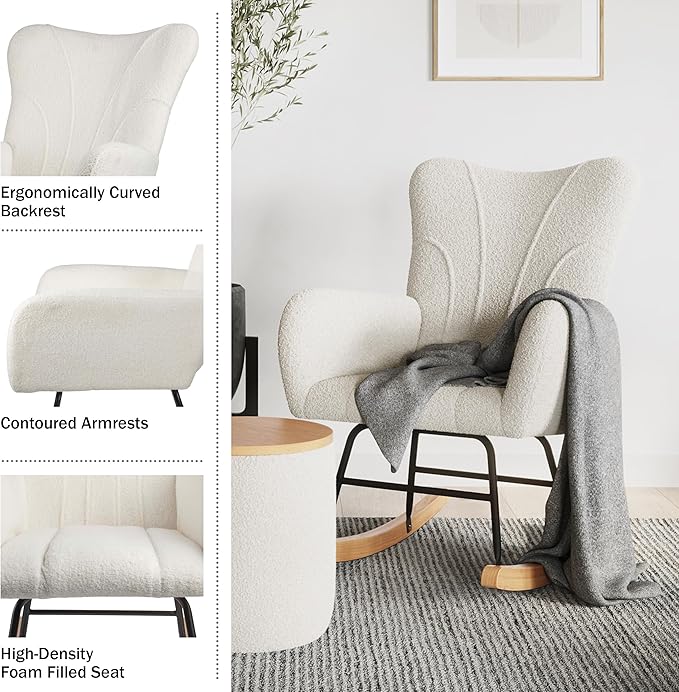 Rocking Chair - Teddy Fabric Upholstered Chair with Padded Seat and Contoured Armrests - Ergonomic Modern Rocker for Bedroom by Lavish Home (Cream)