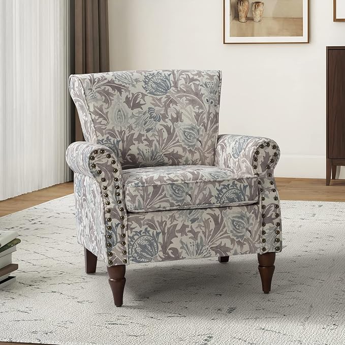 HULALA HOME Modern Wingback Accent Chair with Wood Legs &amp Removable Cushion Comfy Upholstered Armchair with Nailhead Trim Floral Pattern Single Sofa Chair for Living Room Bedroom Grey