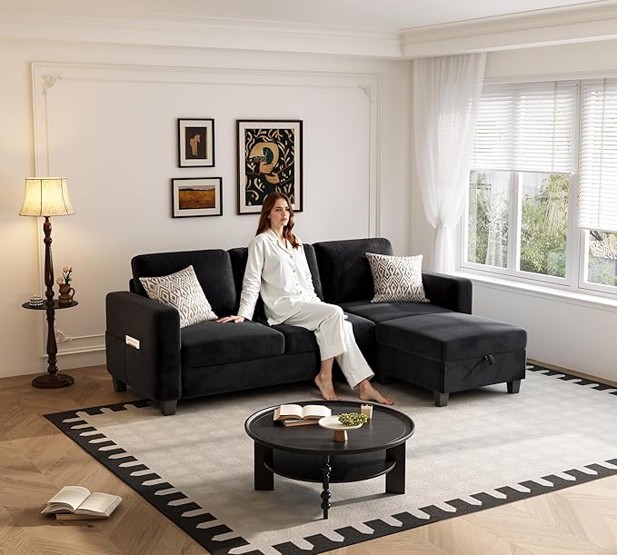 Youmumeub Sectional Couches for Living Room - Convertible Sofa and Storage Bench79''Modern Corner ConfigurationSuitable for Living Room Apartment Bedroom and Office-Black | Reversible Chaise Wash