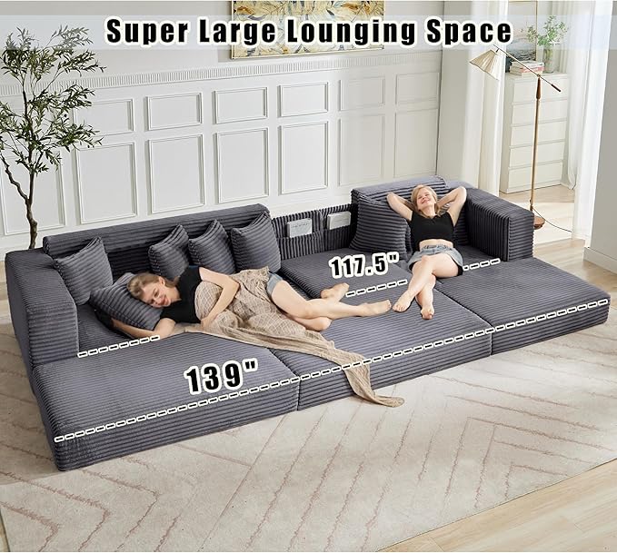L Shaped Modular Cloud Couch with 8 Pillows Modern Corduroy Boneless Sectional Sofa with Large Chaise for Living Room Office Studio Flat Right Facing Chaise Compressed Sofa (Dark Grey)