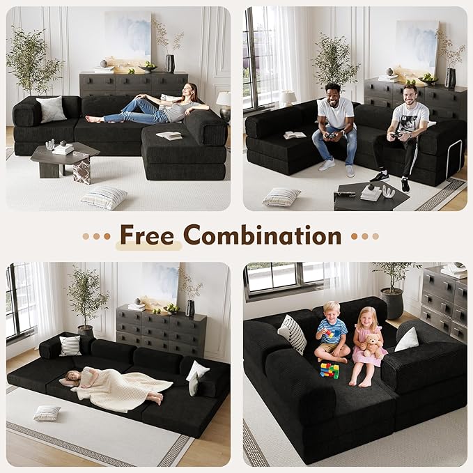 108 L Shaped Couch Modular Sectional Sofa with Chaise Cloud Boneless Couch with Deep Seat &amp Removable Pillow for Living Room BedroomNo Assembly Required（Black）