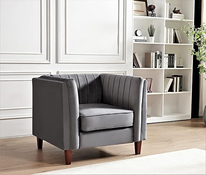 Container Furniture Modern Luxury Velvet Chair for Living Room with High Density Foam Soft Fabric Upholstery Removable Cushions and Solid Wood Legs 36.6'' Wide Armchair Grey