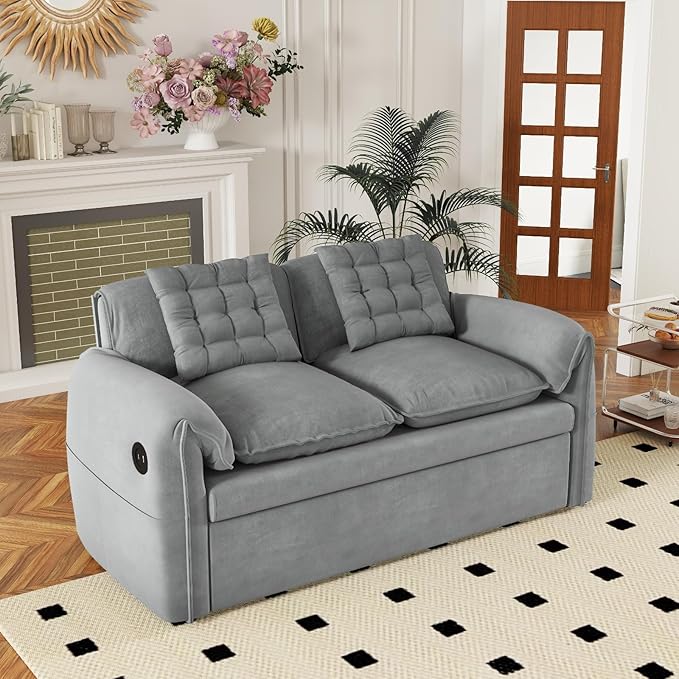 3-in-1 Convertible Sleeper Sofa Bed 62.9 W x 87 L Couch with Pull Out Bed with 6-Position BackrestHidden Storage &amp USB for Living RoomLight Grey