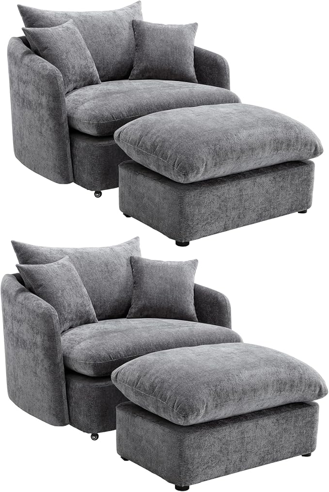 46.1 Wide Swivel Accent Chair with Ottoman Set of 2 Modern Swivel Barrel Chair for Living Room 360 Degree Oversized Accent Chair Upholstered Sofa Armchair for Bedroom Chenille Grey