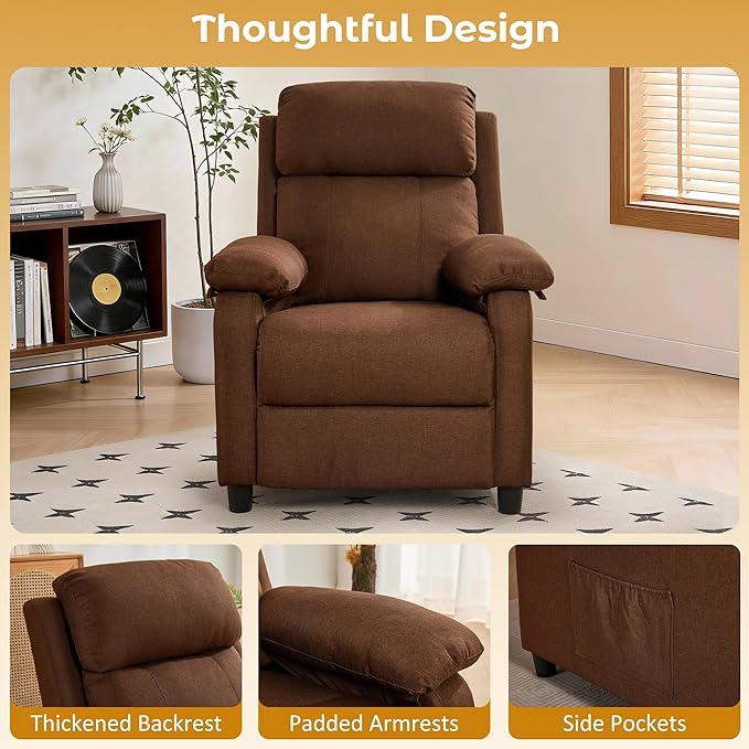 Recliner Chair Reading Chair for Adults with Side Pockets Recliners with Padded Deep Seat Small Recliners for Small Spaces Linen Fabric Comfy Chair for Bedroom Living Room and RV