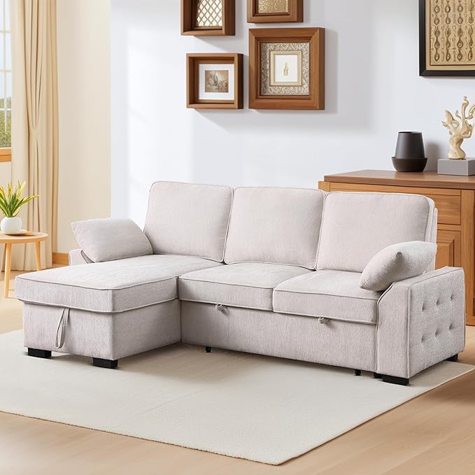 ERYE L-Shaped Pull Out Sleeper Couch Bed Modern Chenille Upholstered Button Tufted Corner Couch Reversible Sectional Sleeper Sofa Bed W/Storage Chaise Cup Holders