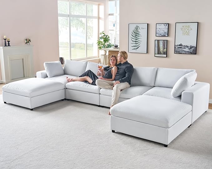 AMERLIFE 152 Inches Modular Sectional Sofa Feather Down Filled Sectional Sofa 6 Seats U Shaped Couch with Chaise Ottoman Cloud Couch for Living Room Apartment White Linen
