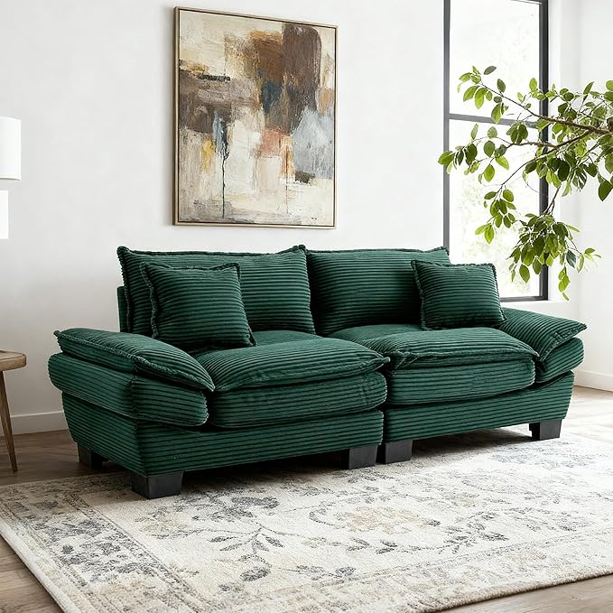 Modern 84 Corduroy Loveseat Sofa Ultra-Comfy Couch with 2 Pillows for Apartment Living Room Bedroom Home Office (Green)