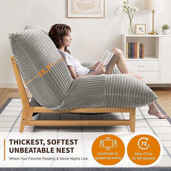 Oversized Comfy Cloud-Like Accent Chair Extra-deep Seat Bean Bag Chairs Convertible Stuffed Bean Bag Cushion with Removable Washable Cover Grey