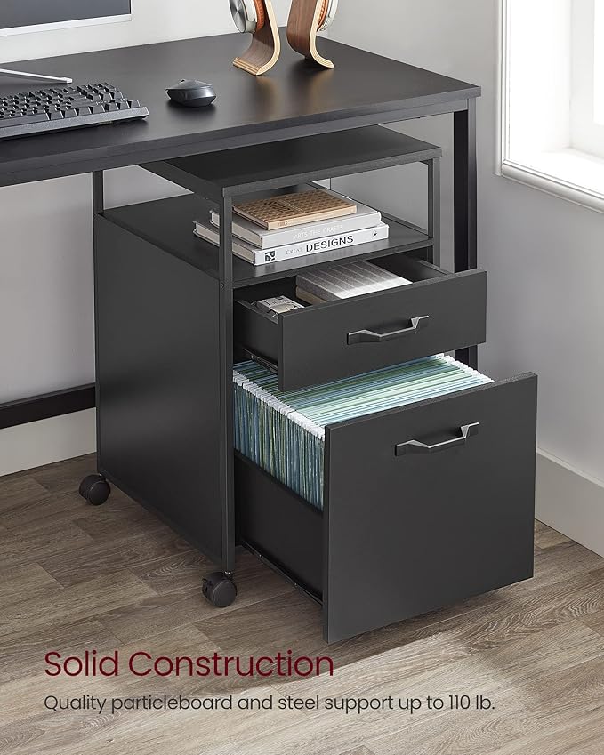 VASAGLE File Cabinet Mobile Filing Cabinet with Wheels 2 Drawers Open Shelf for A4 Letter Size Hanging File Folders Ink Black UOFC071B16