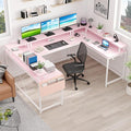 TrailBlaze U-Shaped Computer Gaming Desk Pink with Power Outlets LED Strip &amp Monitor Stand Office Desk with Storage Shelves &amp Bag Reversible L-Shaped Design