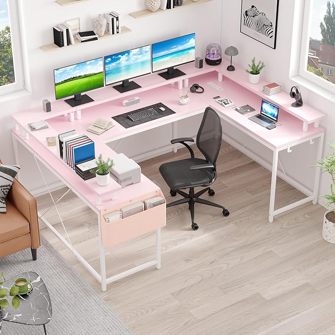 78 Inch Large Computer Desk with Power Outlets &amp USB Ports u Shaped Corner Desk with RGB LED Lights Monitor Stand &amp Storage for Home and Office Pink