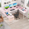 GarveeHome U Shaped Desk with Power Outlets &amp LED Lights 79 in Reversible L Shaped Desk Corner Computer Desk Office Desk with Full Monitor Stand Pink