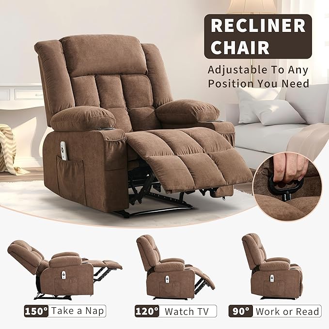 Recliner Chair for Living Room Chairs with Massage and Heat Glider Chair for Adults Wide Comfy Couch with Side Pockets and Cup Holder Single Sofa for Bedroom