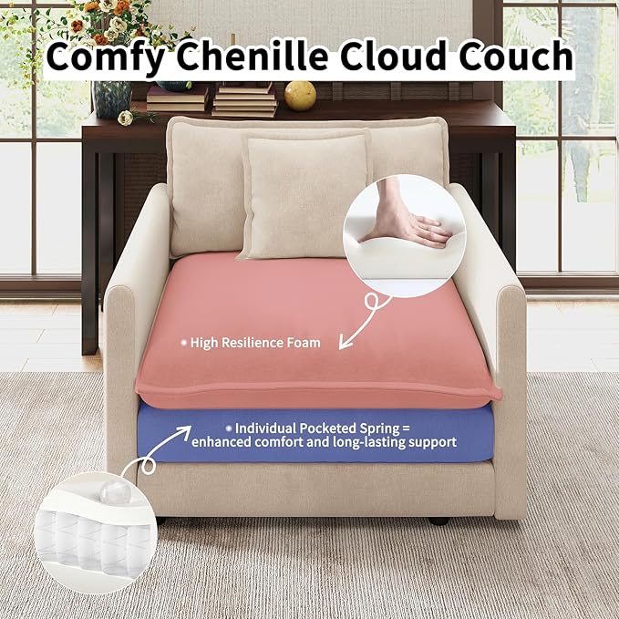 Modular Sectional Sofa 76.7 Comfy Chenille Cloud Couch Loveseat with Armrests and Pillow Modern Deep Seat Sofa Couch for Living Room Apartment (Khaki Loveseat)