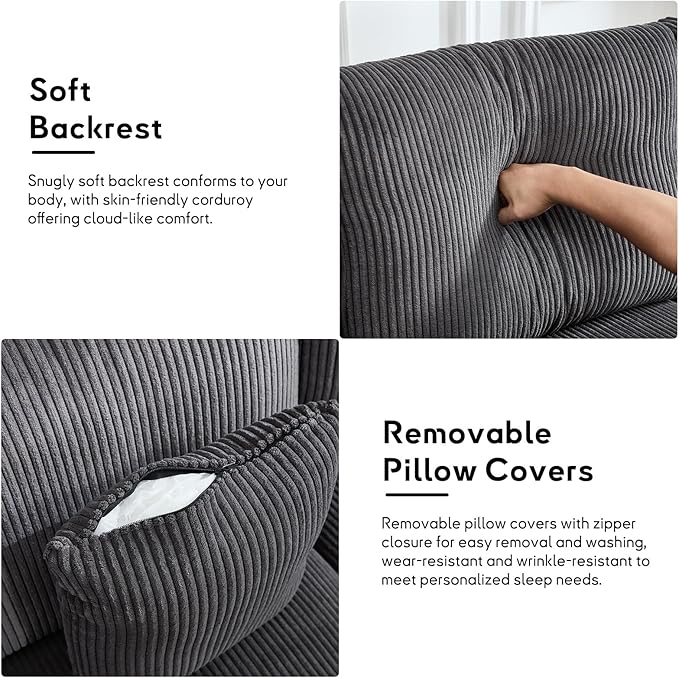 Bonzy Home 120” Oversized Modular Sectional Sofa U Shaped Corduroy Convertible Couch with Movable Ottoman 4 Pillows and 25” Deep Seat Comfy Couches for Living Room Dark Grey