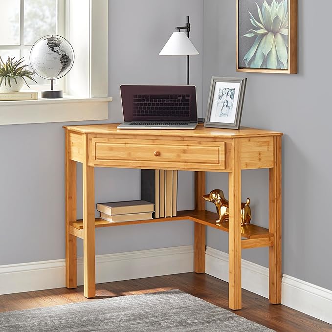 Ellen Bamboo Wood Small Corner Desk with Storage Drawer and Shelf – Compact Computer Table for Home Office Bedroom or Study Bamboo Natural Finish