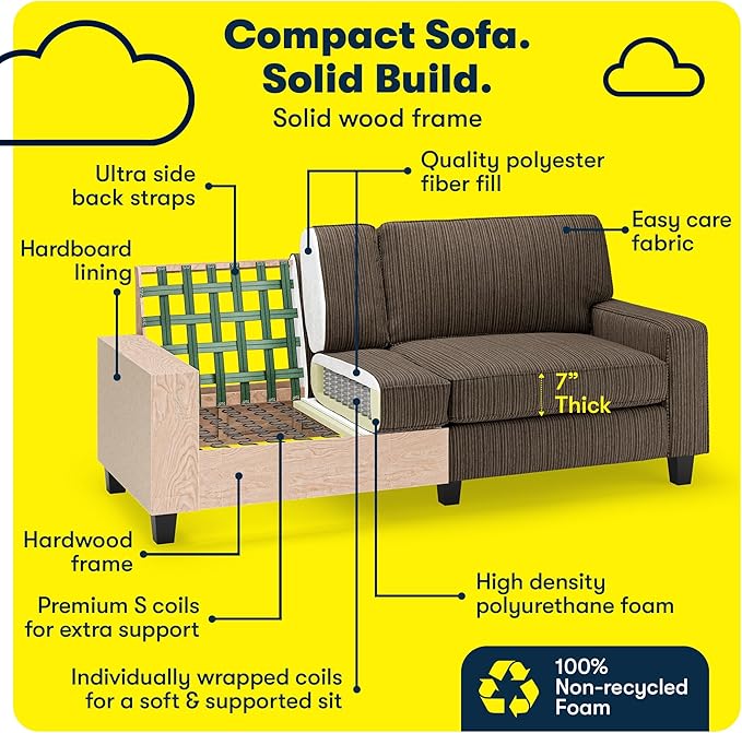 Serta Palisades 78 Track Arm Sofa Easy Care Polyester Soft Pillow Back Pocket Coil Seat Cushions Removable Covers Loveseat or Couch for Small Spaces Living Rooms or Bedrooms Brown
