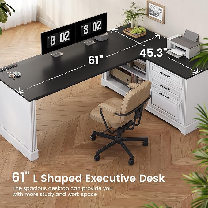SEDETA Farmhouse 61 Executive L Shaped Desk Home Office Desk with File Drawers Computer Desk with Power Outlets and Storage Shelves for Home Office White