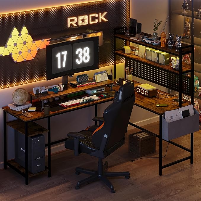 WiberWi L Shaped Desk Office Computer Corner Desk 67” Home Gaming Table with Power Outlet &amp LED Light Writing Study Workstation with Shelves &amp Pegboard Organizer for Home OfficeRustic Brow