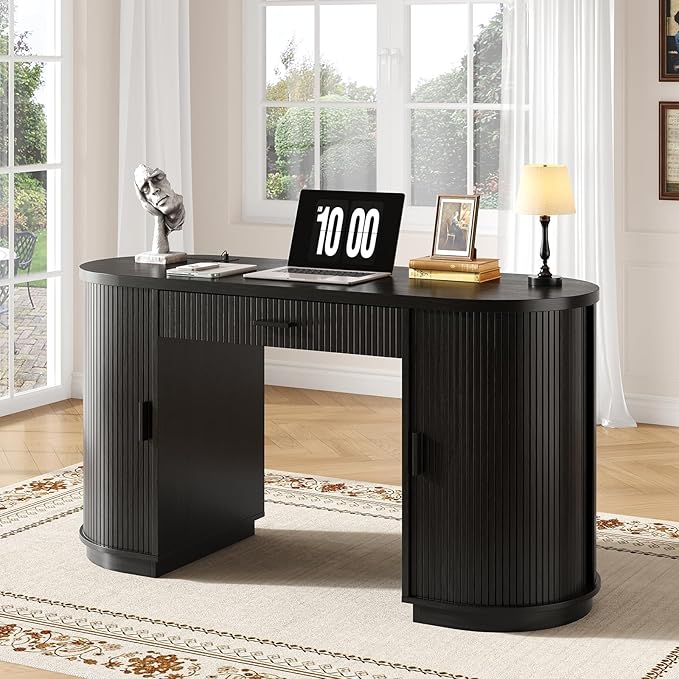 ONBRILL 58 Inch Fluted Executive Desk with Drawers Large Computer Desks with Storage Mid Century Modern Office Desk with Charging Station for Home Office Living Room Bedroom (Black)