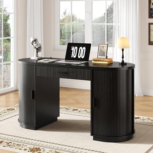 ONBRILL 58 Inch Fluted Executive Desk with Drawers Large Computer Desks with Storage Mid Century Modern Office Desk with Charging Station for Home Office Living Room Bedroom (Black)