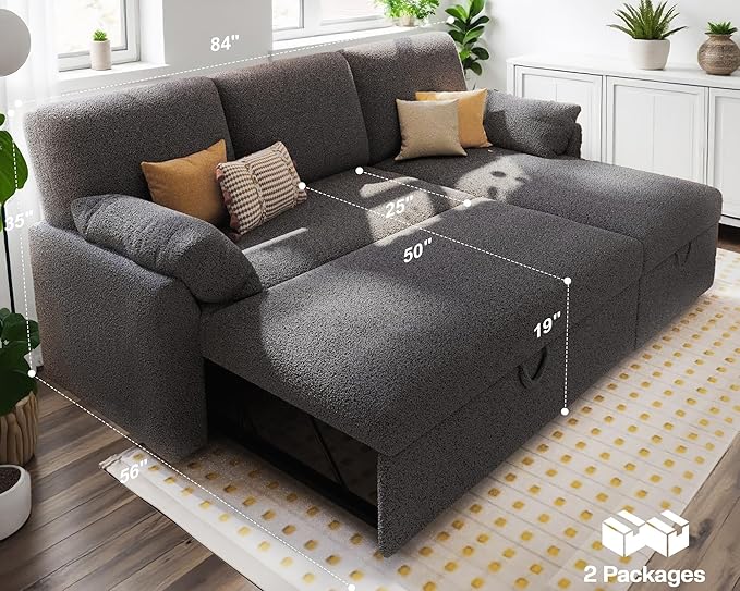AMERLIFE Sleeper Sofa 2-in-1 Sofa Bed with Storage Chaise Pull Out Sofa Couch for Living Room Guest Room Boucle Dark Grey