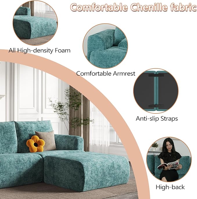 EASE MOOSE Boneless Couch for Living Room Compressed Sectional Cloud Sofa Modular Cloud Couch Loveseat 2-Seater Deep Seat Sofas for Small Spaces No Assembly Required Chenille (Blue)