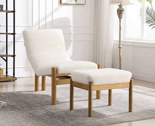 EALSON Modern Accent Chair with Ottoman White Boucle Upholstered Seater with High Backs Unique Design Wood Frame Armless for Living Room/Bedroom Reading/Office Use