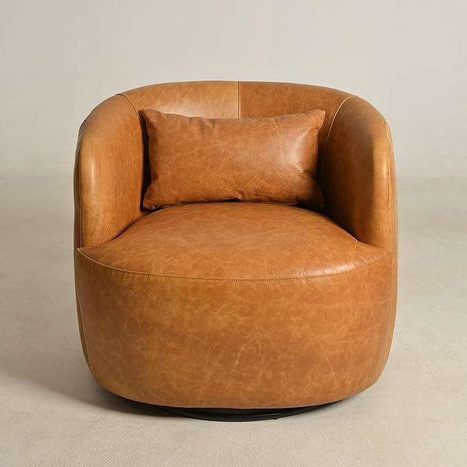 KINWELL 100% Top Grain Genuine Leather Swivel Barrel Armchair No Assembly Modern Upholstered Leather Swivel Accent Chairs with Toss Pillow for Living Room Office Lounge Camel