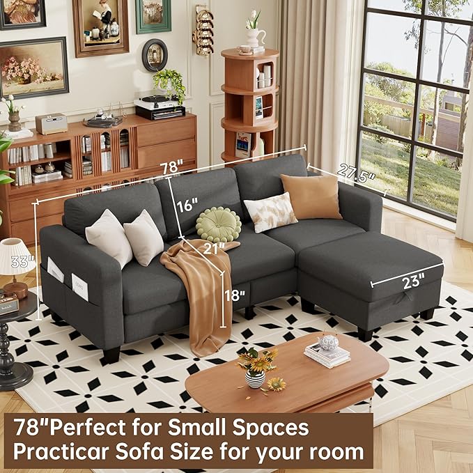 ZeeFu Sectional Sofa Couch with Storage Ottoman 78 L Shaped Modular 3 Seater Couches for Living Room Modern Linen Fabric Set for Small Space Apartment Office