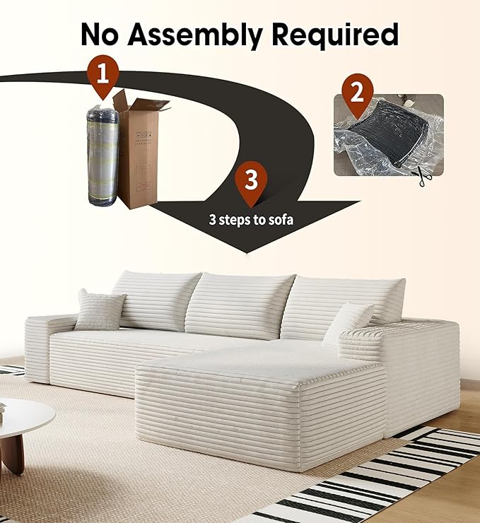 108’’Cloud Couch Sectional with L-Shape Chaise Modern Modular Sectional Sofa Boneless Couch with Deep Seat Modern Upholstered Couches for Living Room (White 108''W Right Facing Chaise)