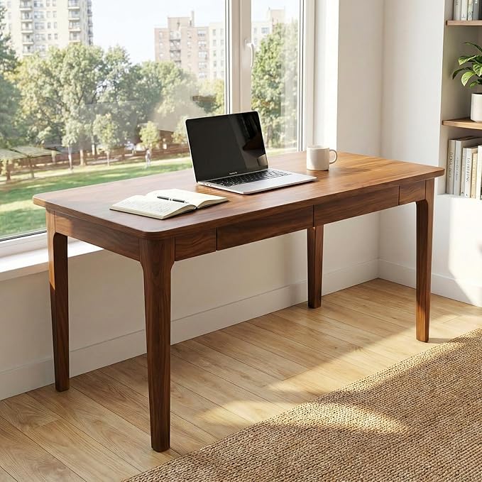 47 Executive Computer Desk with Smooth Drawers Walnut - 24 Deep Modern Minimalist Dual-Monitor Workstation Heavy-Duty