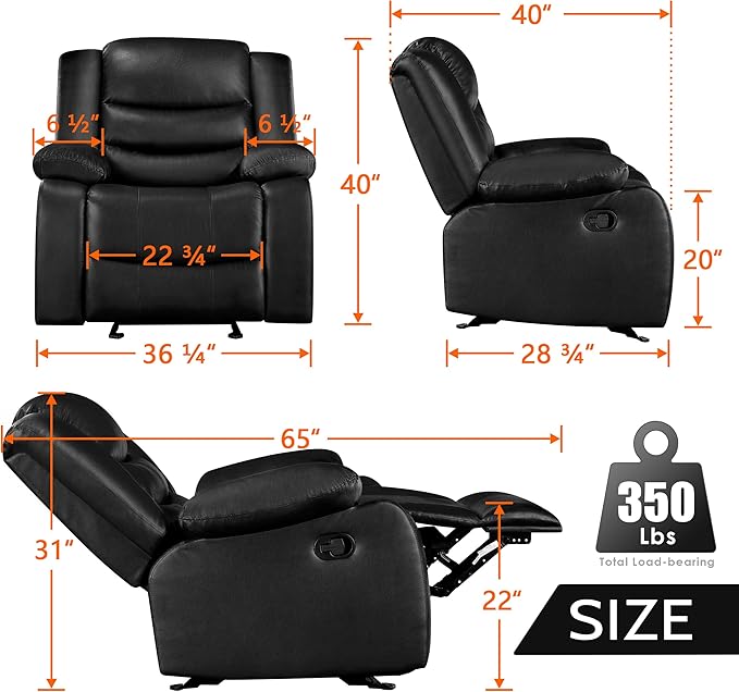 PrimeZone Oversized Rocker Recliner Chair - Comfy Wide Lazy Boy Recliner Chair with Overstuffed Armrest Faux Leather Manual Reclining Chairs for Living Room Bedroom Home Theater Black Set of 2